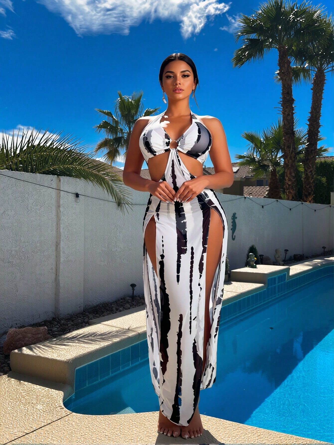 Maxi Dress Halter - Nowy czarno-biały zestaw bikini tie-dye z